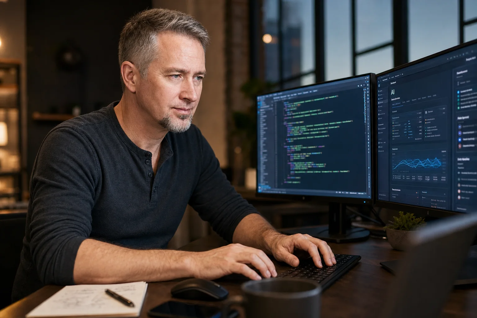 Christian Zöllner beim Entwickeln an zwei Monitoren