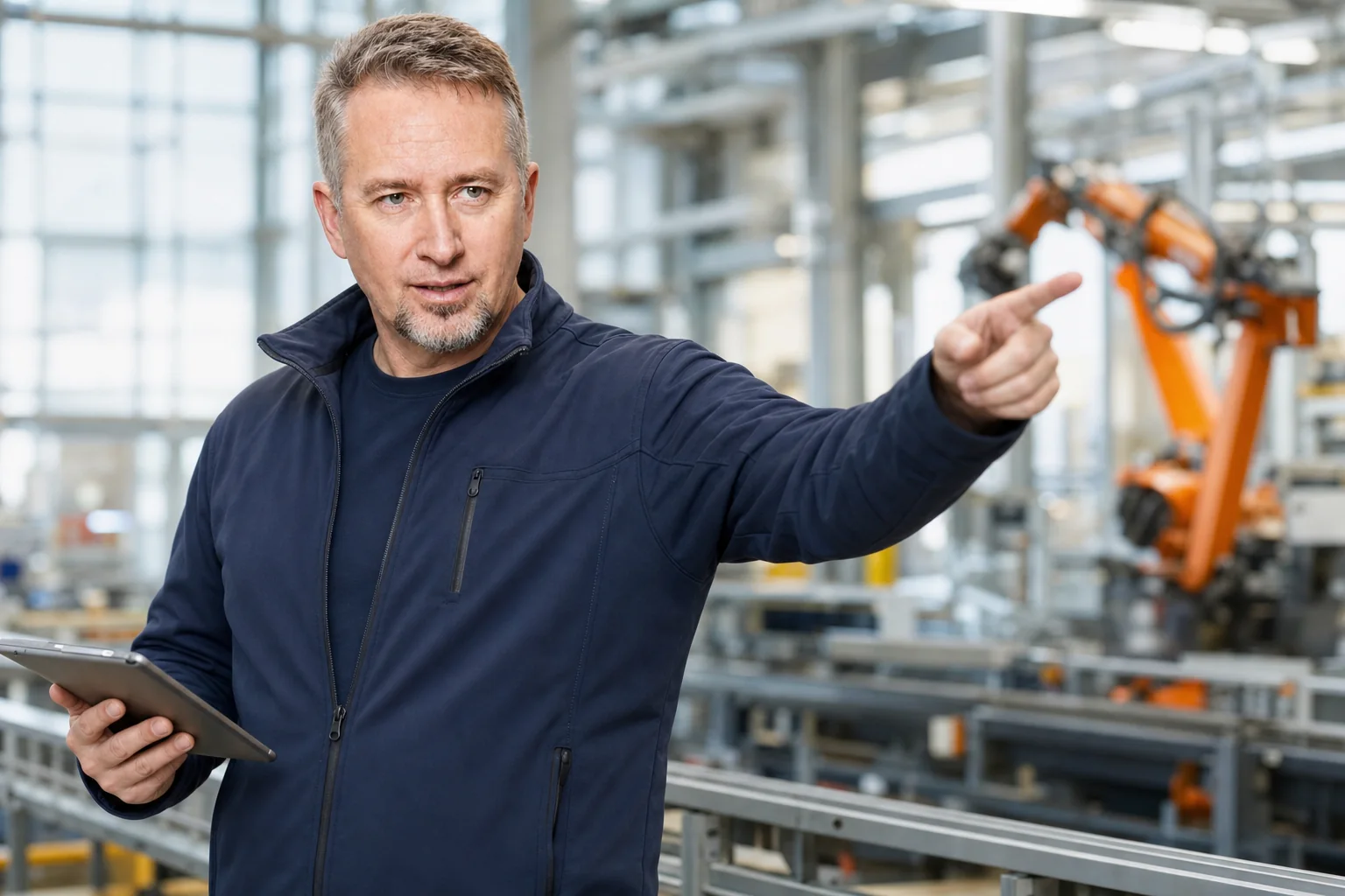 Christian Zöllner erklärt in einer modernen Produktionshalle